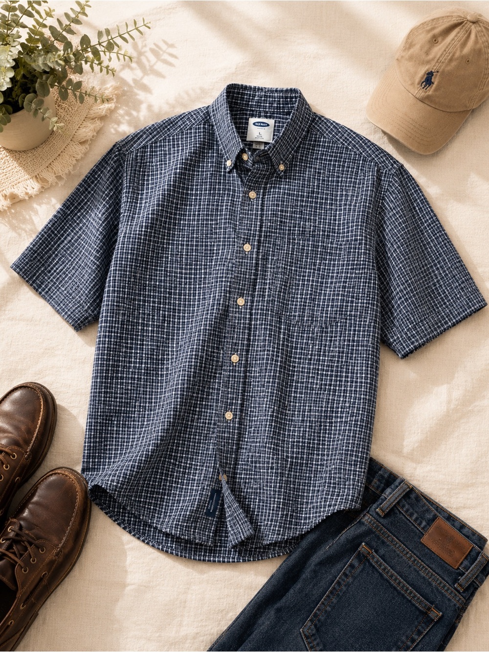 Old Navy Navy Blue Check Short-Sleeve Button-Down Shirt